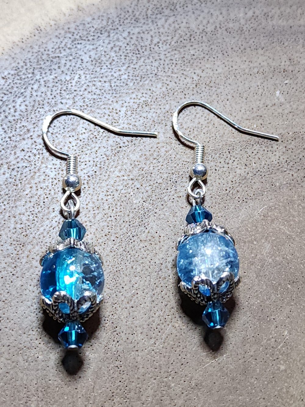 Hand Crafted Dangle Earrings With Crackled Blue & Clear Beads - Picture 7 of 9